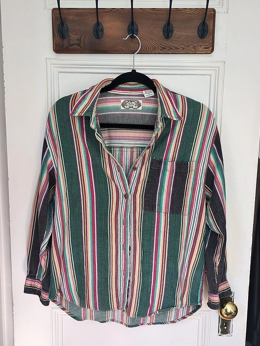 Striped Cotton Button Down Shirt in Green & Pink